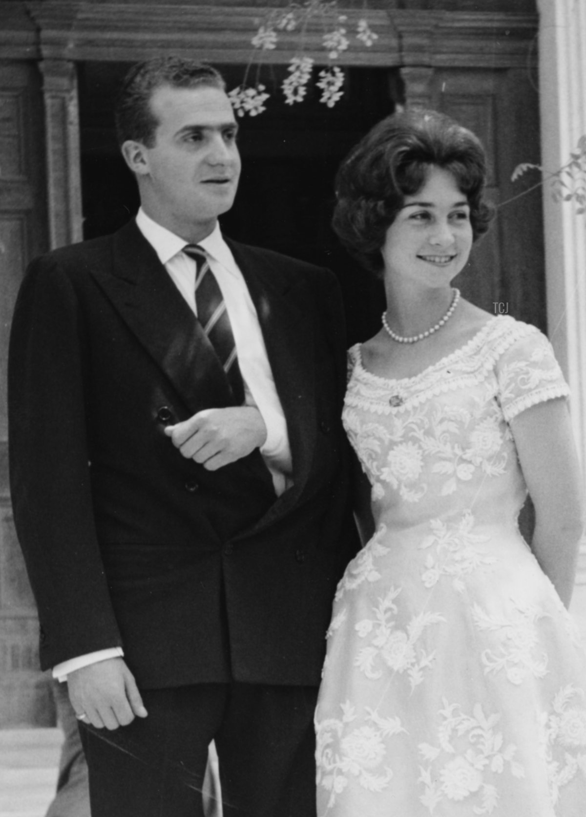 Don Juan Carlos, pretender to the throne of Spain, with his arm in a sling after a horse riding accident, pictured with his bride to be, Princess Sophia of Greece, Athens, April 26th 1962