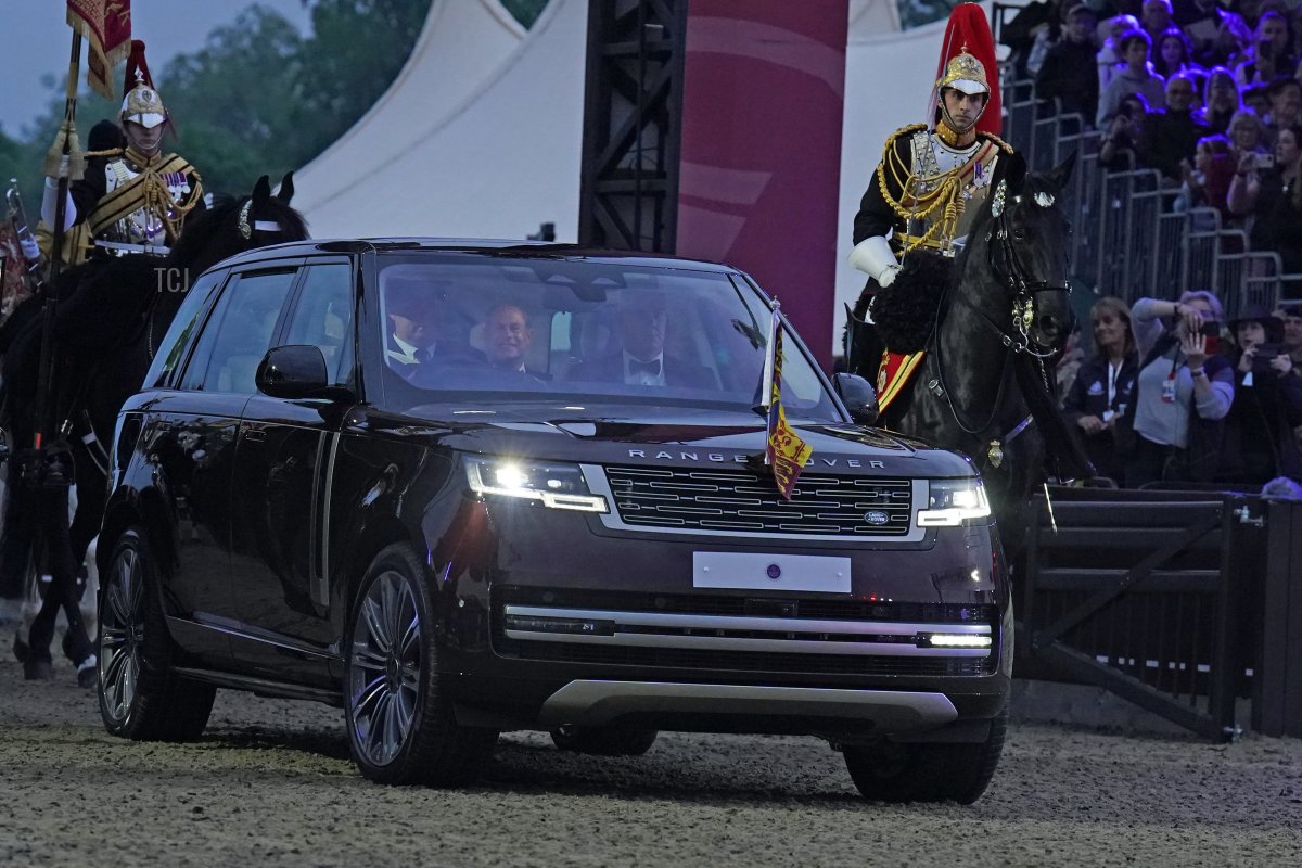 Queen Elizabeth II arrives for the "A Gallop Through History" performance as part of the official celebrations for Queen Elizabeth II's Platinum Jubilee at the Royal Windsor Horse Show at Home Park on May 15, 2022 in Windsor, England