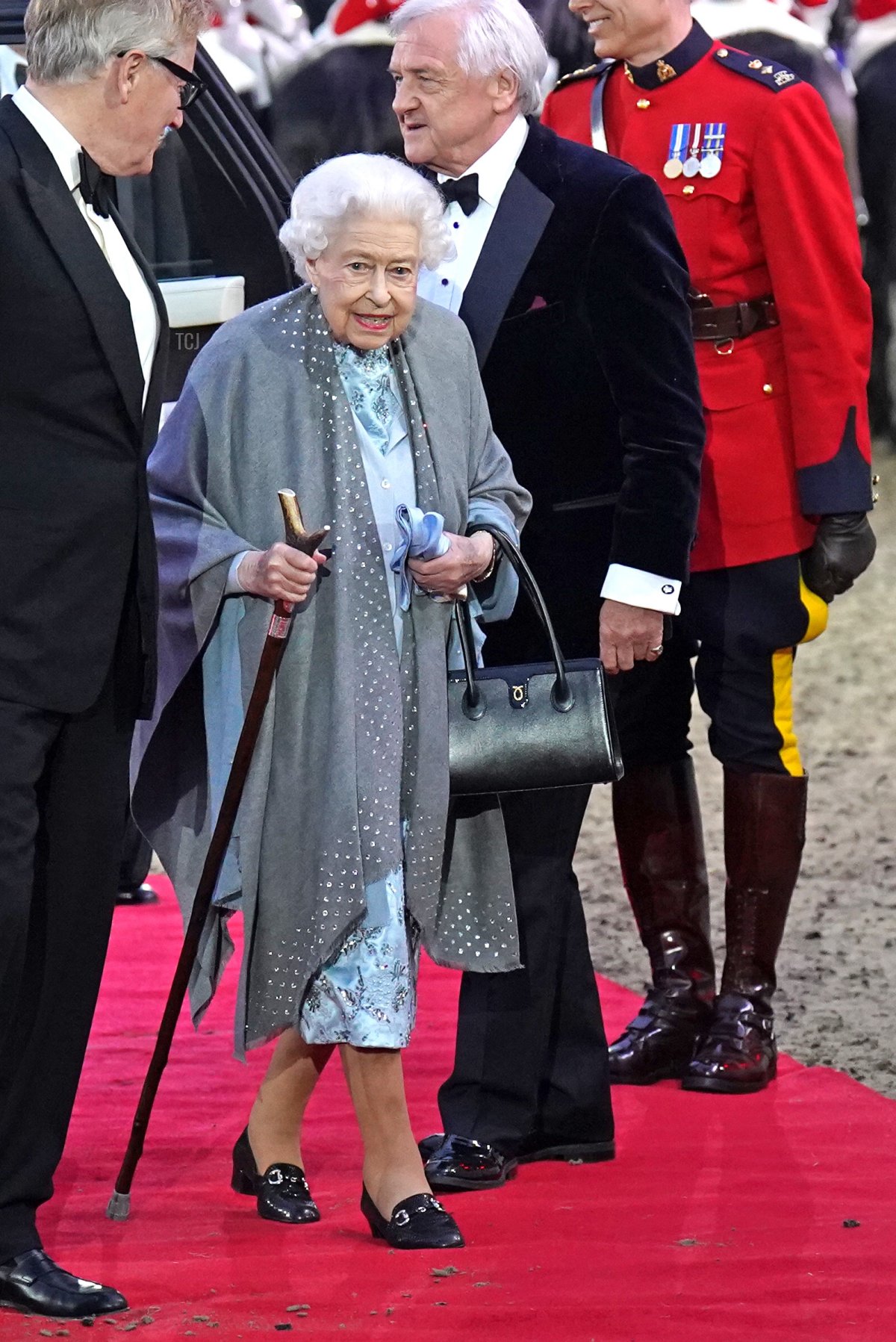 Queen Elizabeth II arrives for the "A Gallop Through History" performance as part of the official celebrations for Queen Elizabeth II's Platinum Jubilee at the Royal Windsor Horse Show at Home Park on May 15, 2022 in Windsor, England