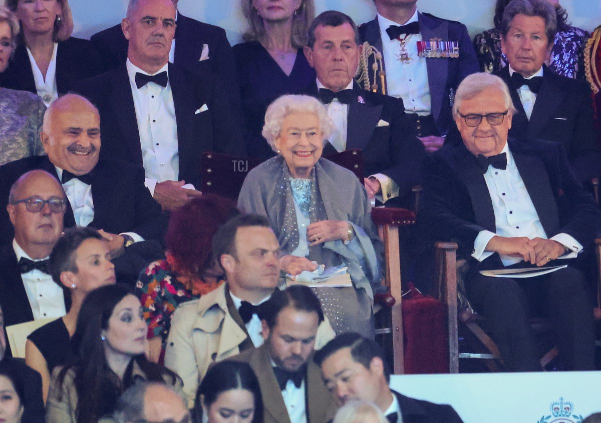 Queen Elizabeth II during the "A Gallop Through History" performance as part of the official celebrations for Queen Elizabeth II's Platinum Jubilee at the Royal Windsor Horse Show at Home Park on May 15, 2022 in Windsor, England