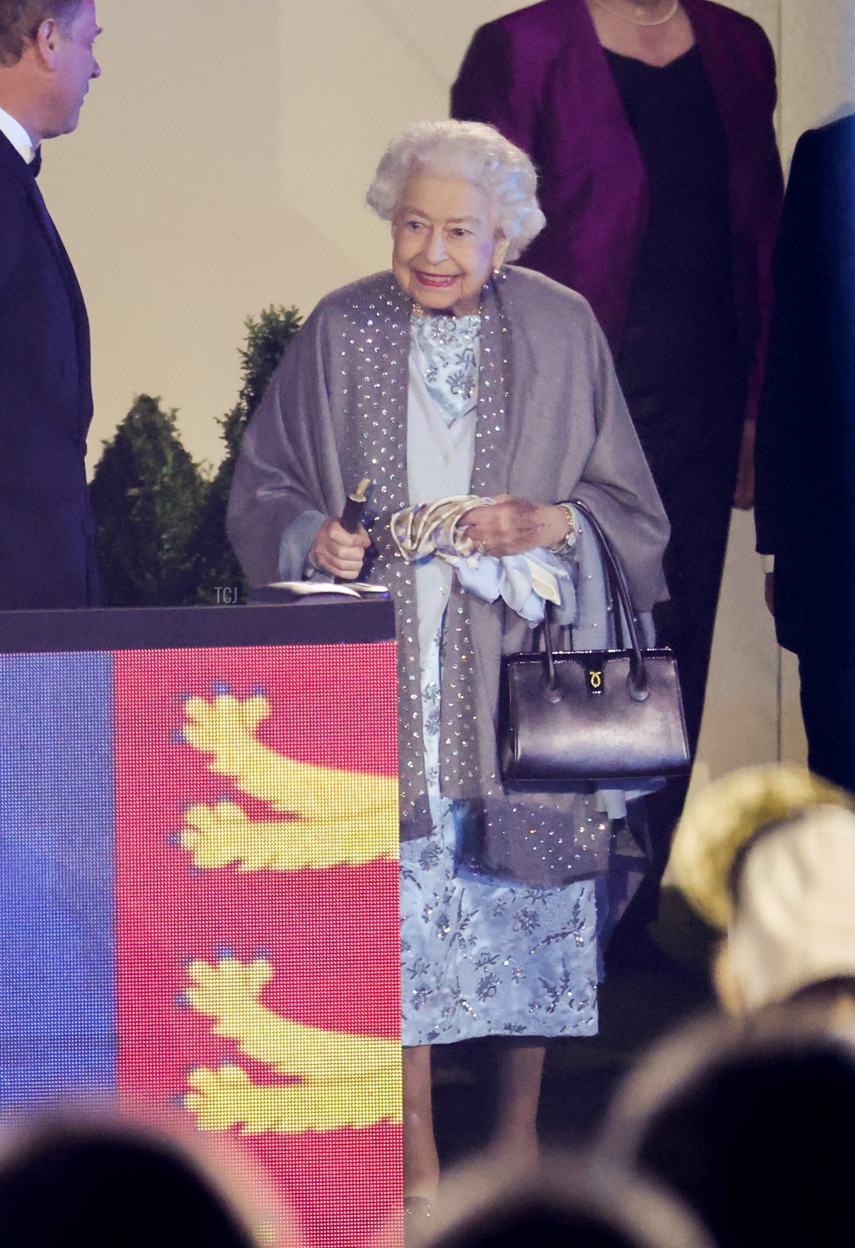 Queen Elizabeth II during the "A Gallop Through History" performance as part of the official celebrations for Queen Elizabeth II's Platinum Jubilee at the Royal Windsor Horse Show at Home Park on May 15, 2022 in Windsor, England