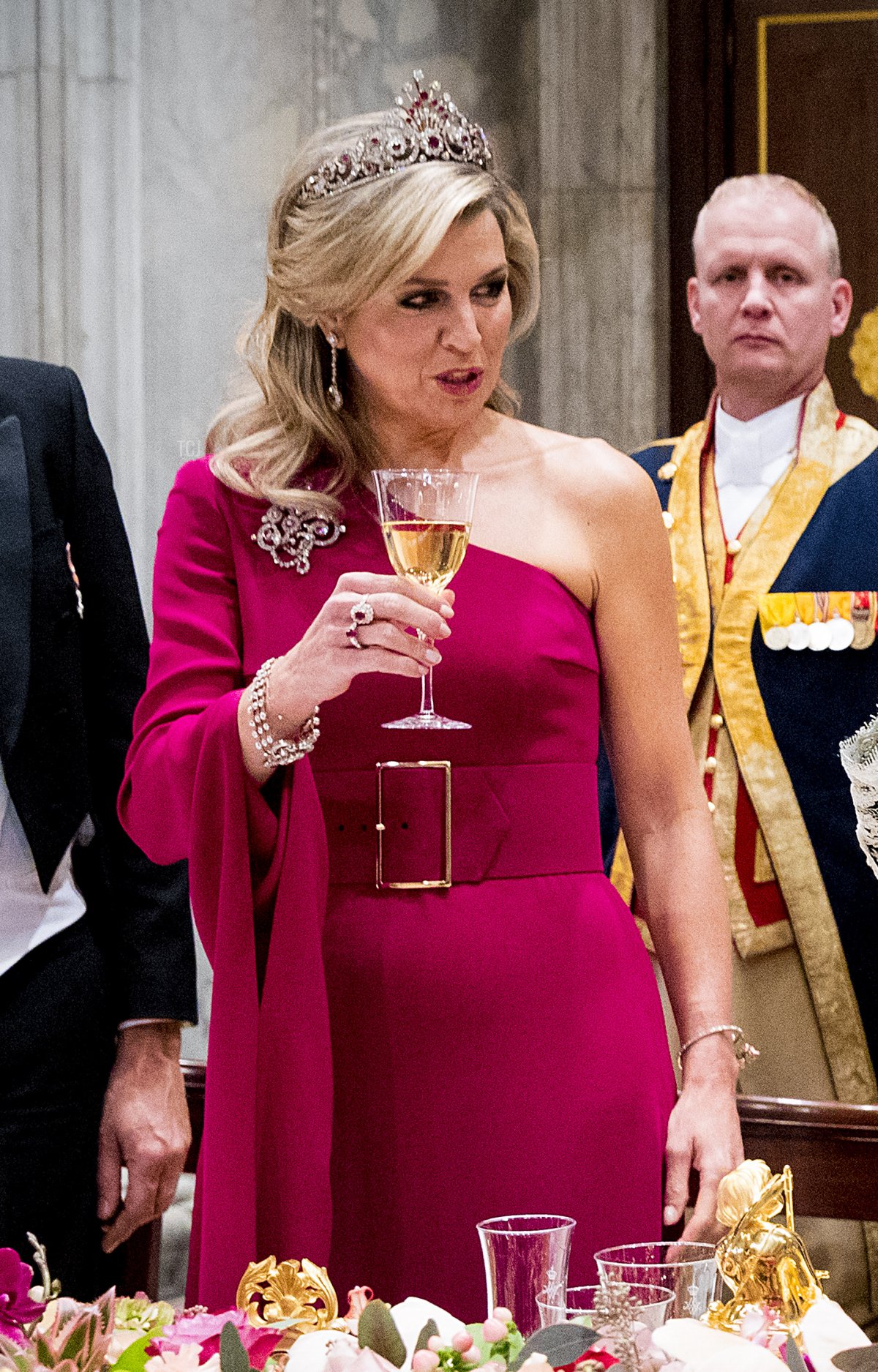 Queen Maxima of The Netherlands pose for an official picture with Halimah Yacob President of Singapore and her husband Mohamed Abdullah Alhabshee during an official state banquet at Royal Palace Amsterdam on November 21, 2018 in Amsterdam, Netherlands