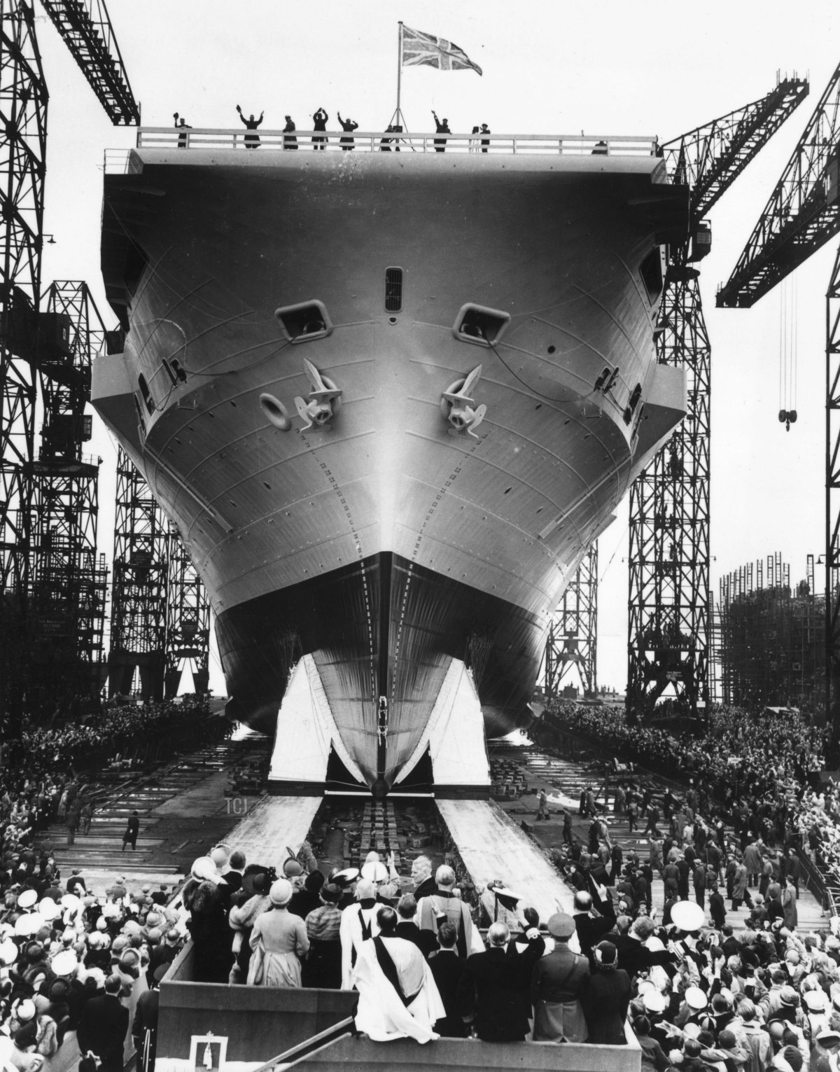 British aircraft carrier HMS Ark Royal ready to be launched by Queen Elizabeth (1900 - 2002), Queen Consort to King George VI