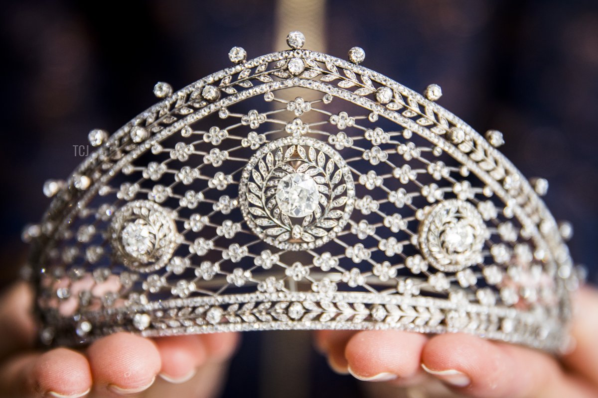 A Faberge diamond tiara, circa 1903, created for the wedding of Cecilie von Mecklenburg-Schwerin, the last Crown Princess of Prussia (est. $ 200,000 - 300,000) goes on display at Sotheby's on April 05, 2019 in London, England
