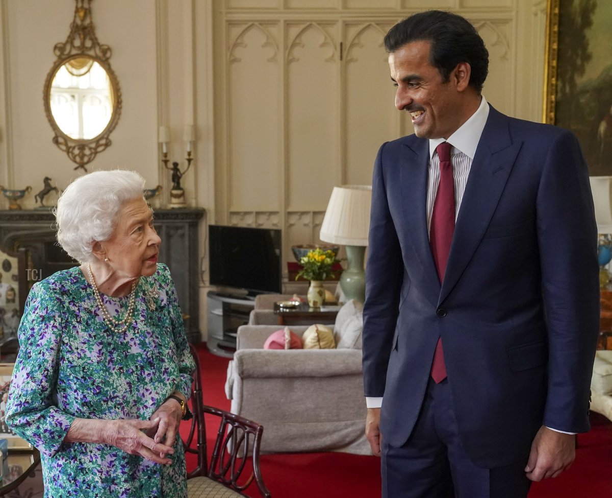 Queen Elizabeth II meets with the Emir of Qatar, Sheikh Tamim bin Hamad Al Thani at Windsor Castle on May 24, 2022 in Windsor, England