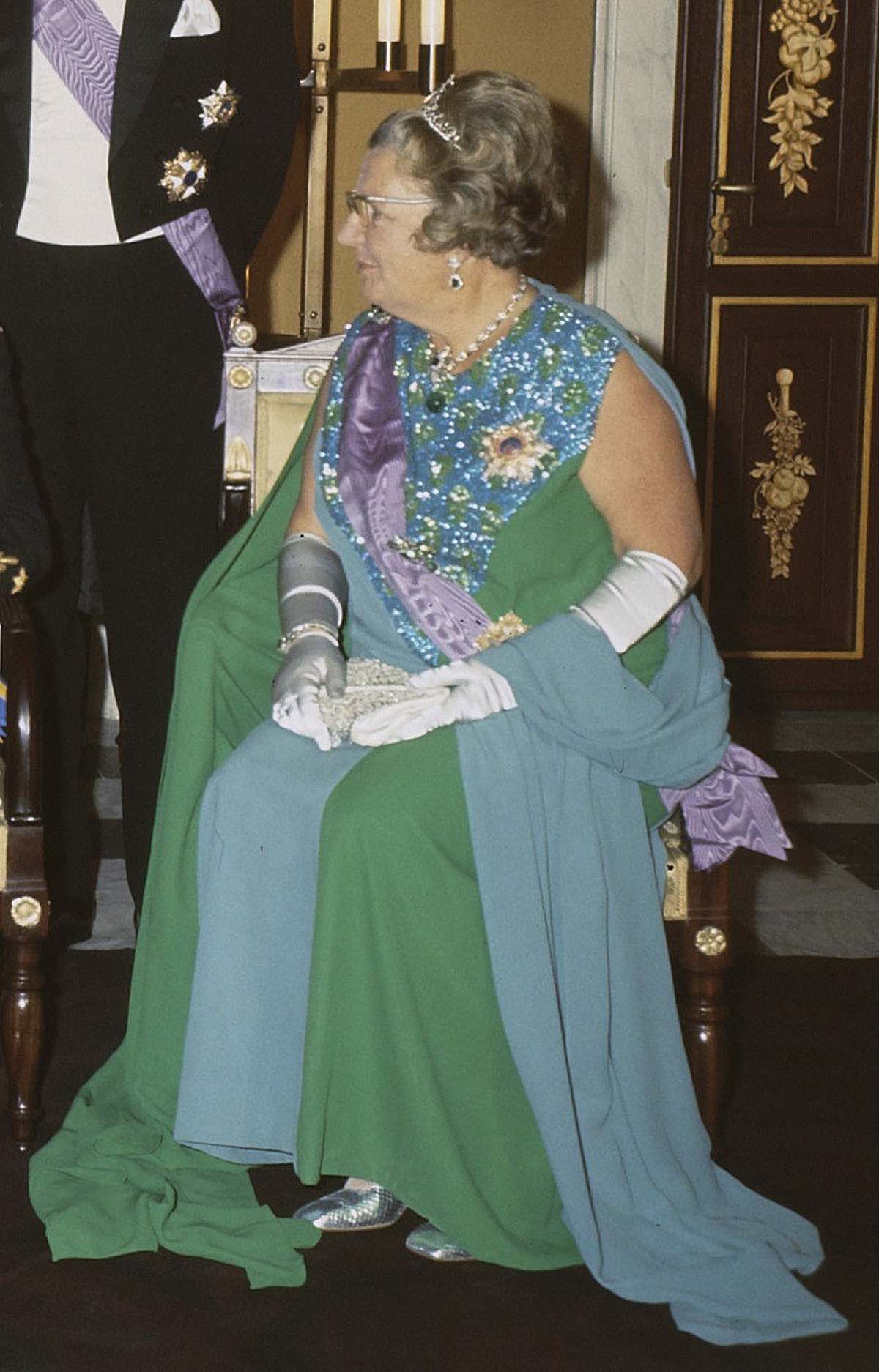 Queen Juliana poses before a state banquet during the Yugoslavian state visit, October 1970