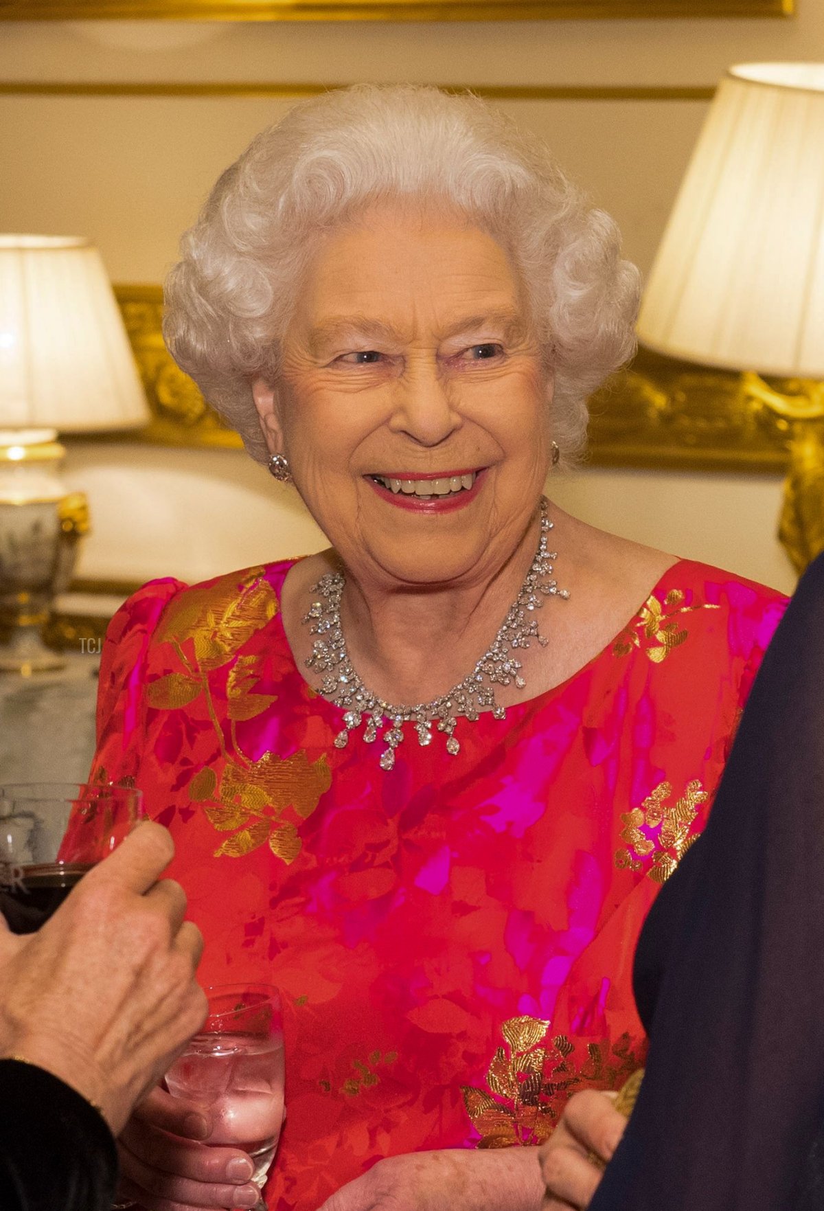 Britain's Queen Elizabeth II (C) talks with Princess Zahra Aga Khan (R) and Britain's Camilla, Duchess of Cornwall (L) at Windsor Castle on March 8, 2018 during a reception before dinner in honour of the diamond jubilee of his leadership as Imam of the Shia Nizari Ismaili Muslim Community