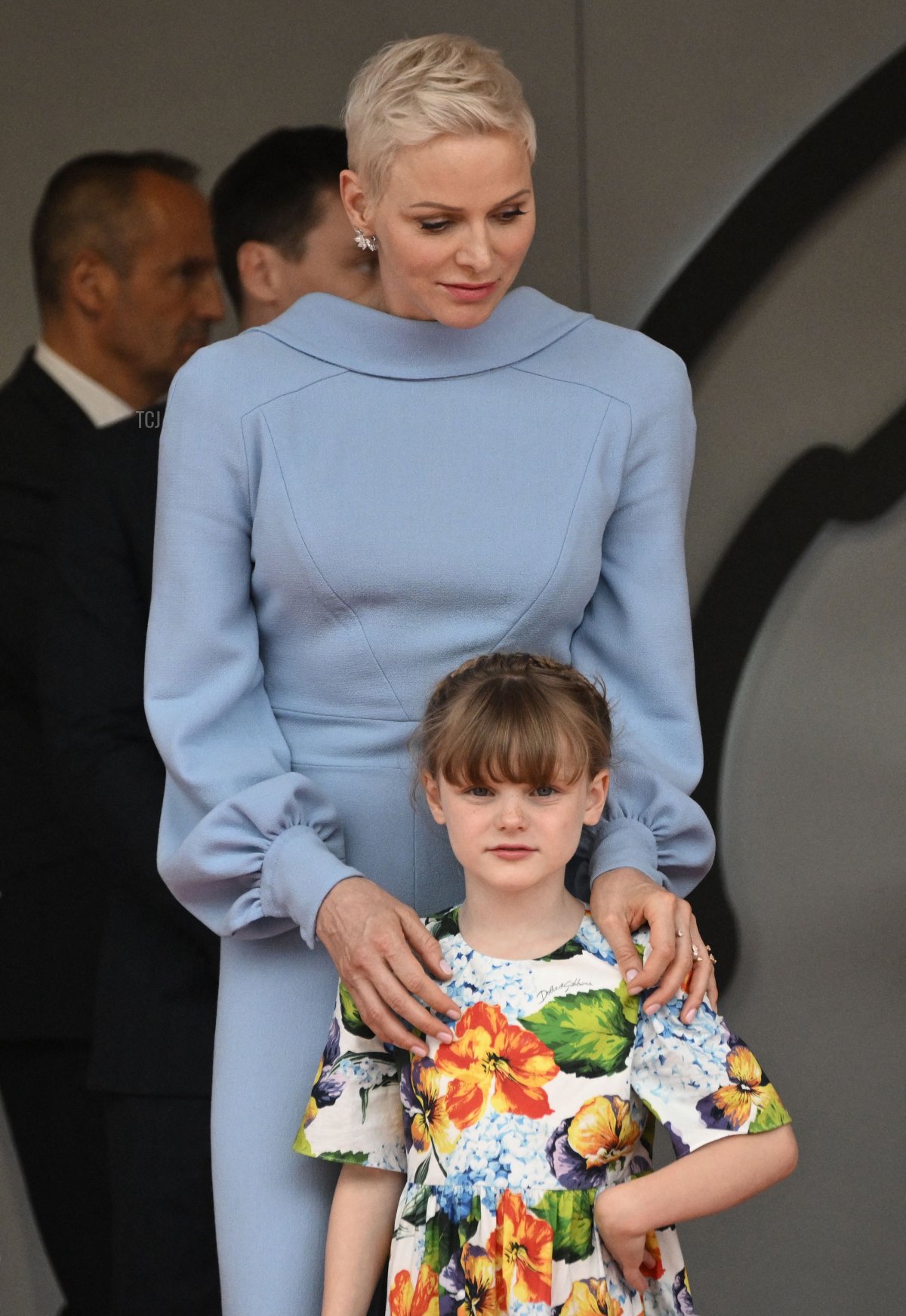 Princess Charlene of Monaco stands with her daughter Gabriella on the podium after the Monaco Formula 1 Grand Prix at the Monaco street circuit in Monaco, on May 29, 2022