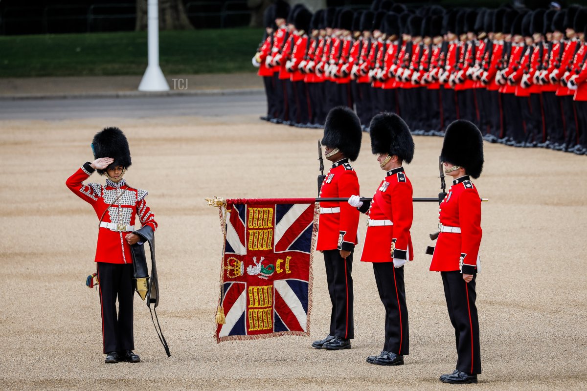 Soldiers on parade with The Colour during The Colonel's Review at Horse Guards Parade on May 28, 2022 in London, England