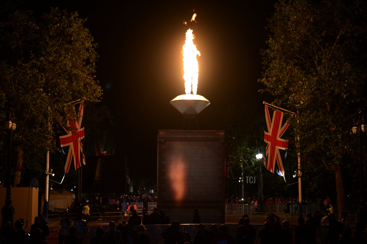 A picture shows the final jubilee beacon lit by Britain's Queen Elizabeth II at the end of the Queen's Diamond Jubilee Concert at Buckingham Palace in London on June 4, 2012