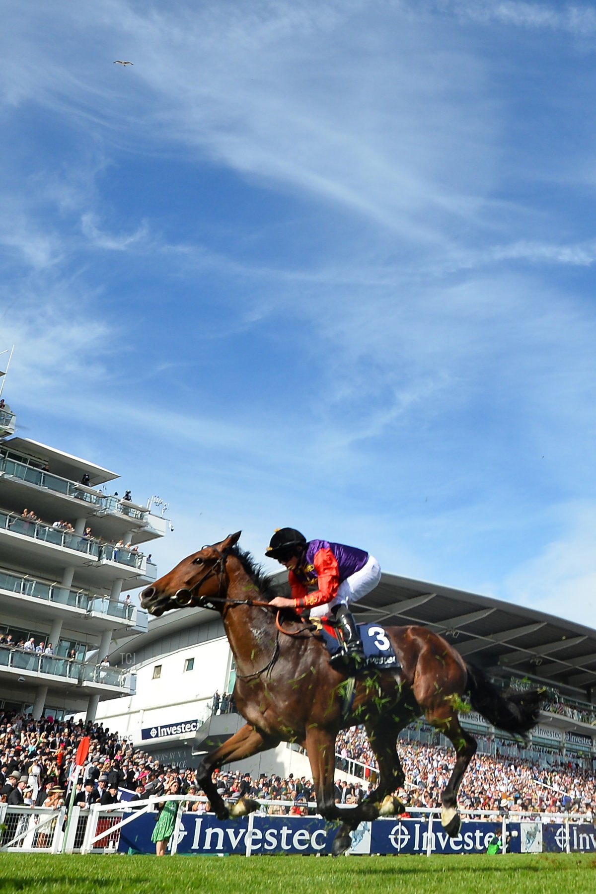 The Queen's runner, Sextant, ridden by jockey Ryan Moore passes the stands after coming fourth in the Out of The Ordinary handicap on the second day of the Epsom Derby Festival in Surrey, southern England on June 1, 2019