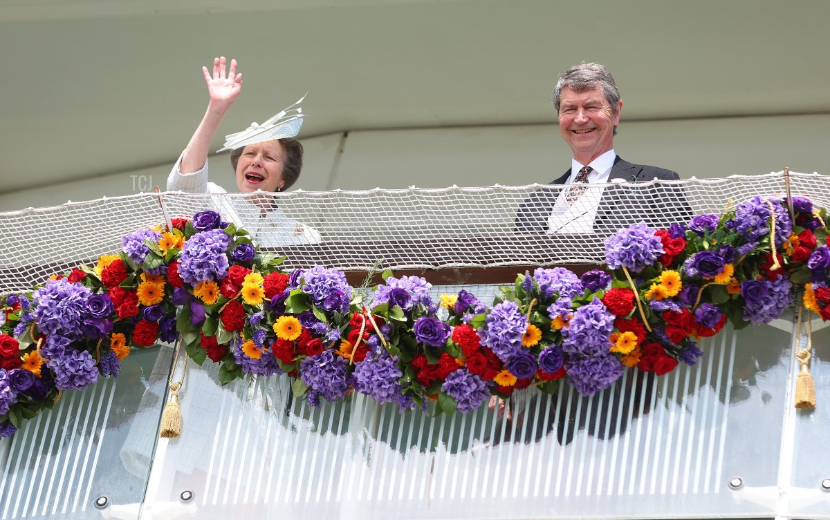 Princess Anne, the Princess Royal, and and her husband Sir Timothy Laurence are pictured during Cazoo Derby meeting at Epsom Racecourse on June 04, 2022 in Epsom, England