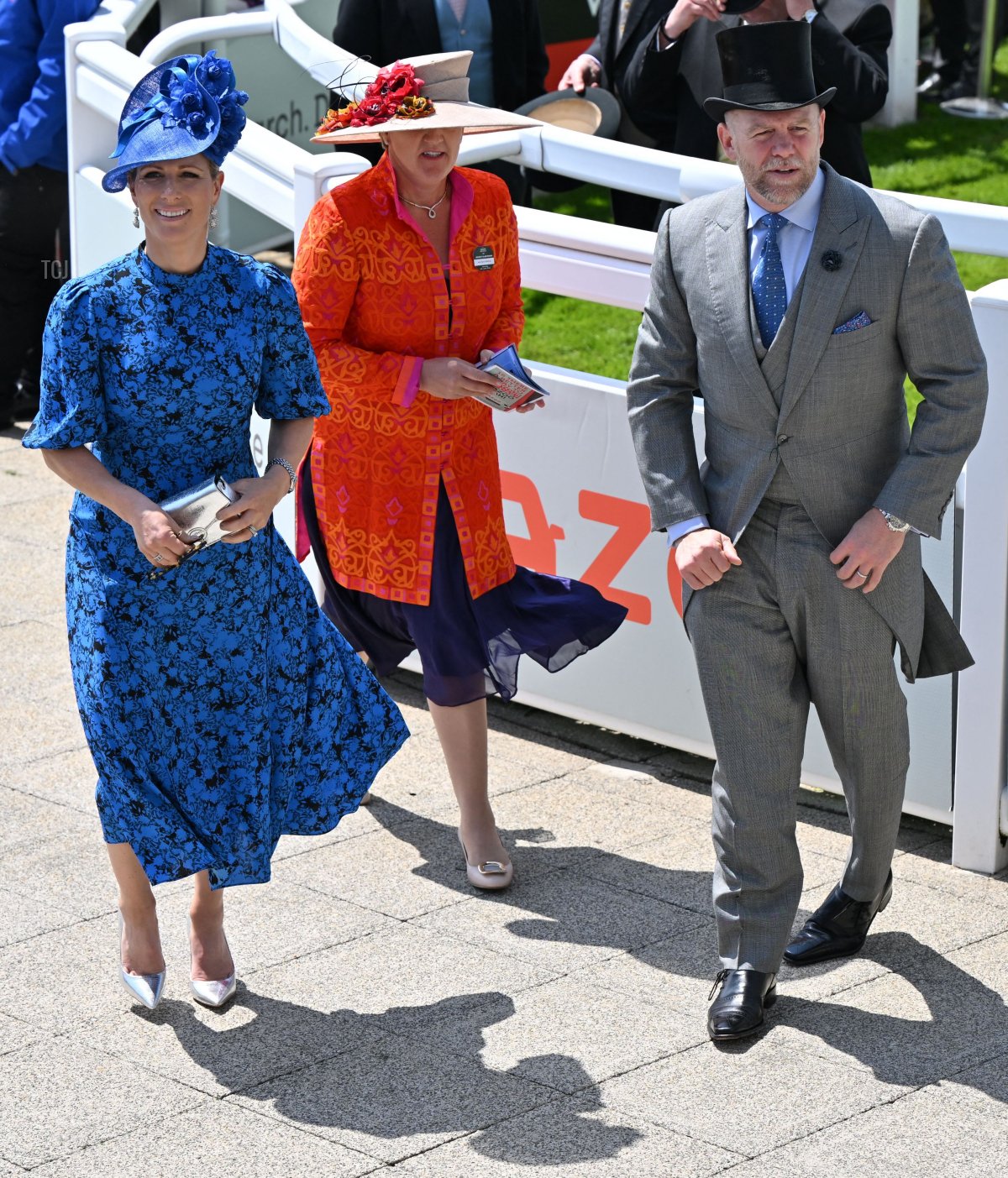 Zara Phillips (L), British broadcaster Clare Balding (C) and Mike Tindall (R) attend the second day of the Epsom Derby Festival horse racing meeting at Epsom Downs Racecourse in Epsom, south of England, on June 4, 2022