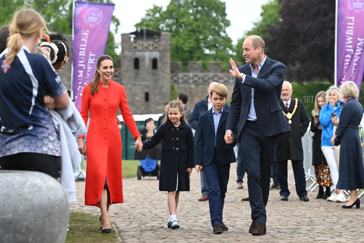 Prince William, Duke of Cambridge, Prince George of Cambridge, Princess Charlotte of Cambridge and Catherine, Duchess of Cambridge during a visit to Cardiff Castle on June 04, 2022 in Cardiff, Wales