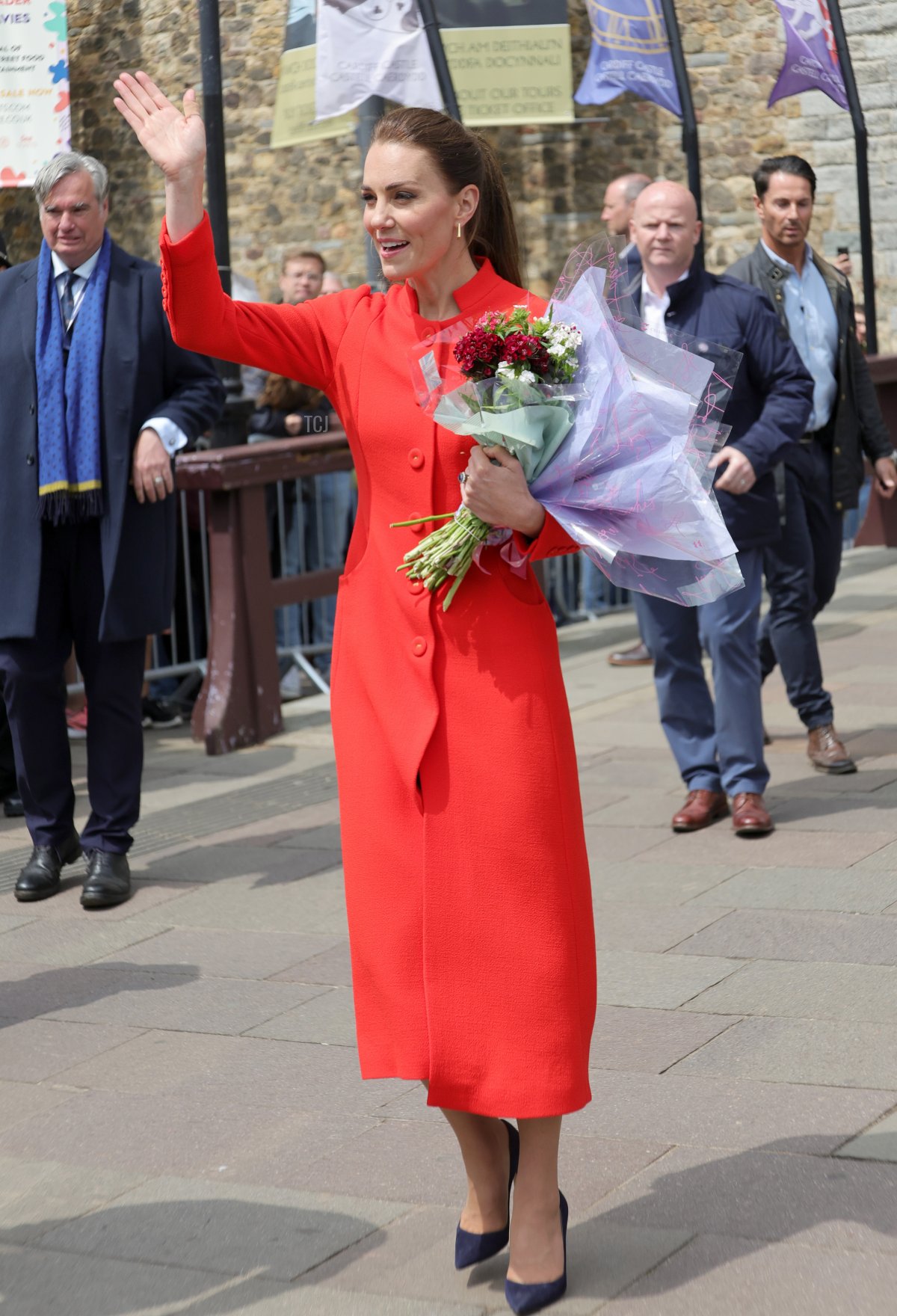 Catherine, Duchess of Cambridge smiles and waves during a visit to Cardiff Castle, where she will meet performers and crew involved in the special celebration concert taking place in the castle grounds on June 04, 2022 in Cardiff, Wales