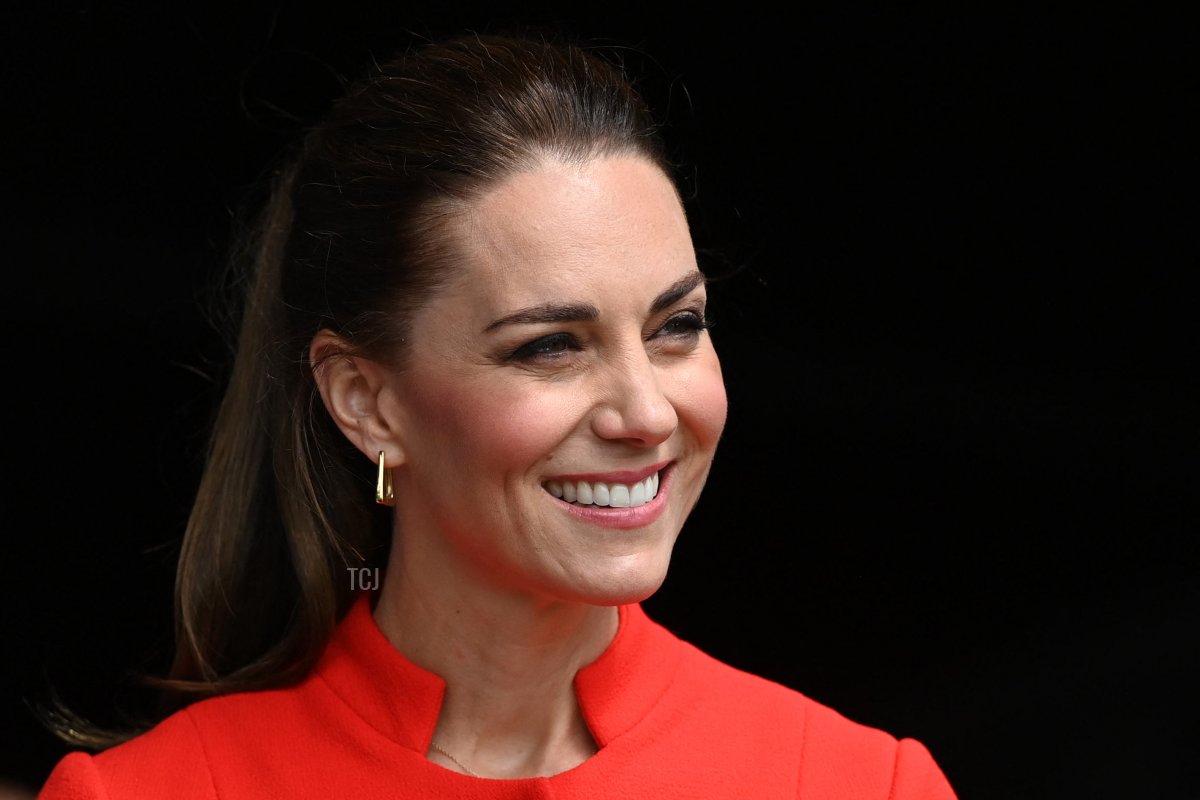 Britain's Catherine, Duchess of Cambridge, laughs during a visit to Cardiff Castle in Wales on June 4, 2022 as part of the royal family's tour for Queen Elizabeth II's platinum jubilee celebrations