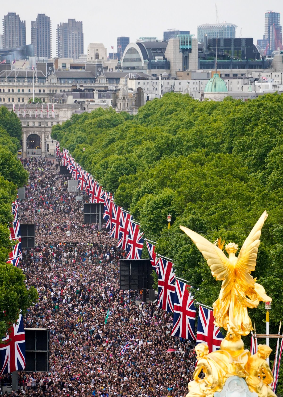 People gather on The Mall for the BBC Platinum Party at the Palace, as part of the Queen's Platinum Jubilee celebrations, on June 4, 2022 in London, England