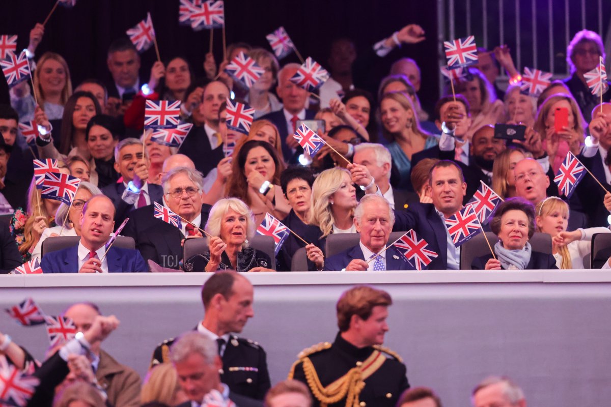 Prince William, Duke of Cambridge, Camilla, Duchess of Cornwall, Prince Charles, Prince of Wales, Peter Phillips, Princess Anne, Princess Royal and Isla Phillips during the Platinum Party at the Palace in front of Buckingham Palace on June 04, 2022 in London, England