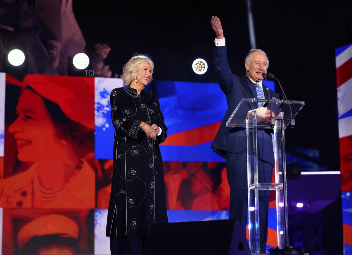 Prince Charles, Prince of Wales (R), flanked by Britain's Camilla, Duchess of Cornwall delivers a speech during the BBC Platinum Party at the Palace, as part of the Queen's Platinum Jubilee celebrations, on June 4, 2022 in London, England
