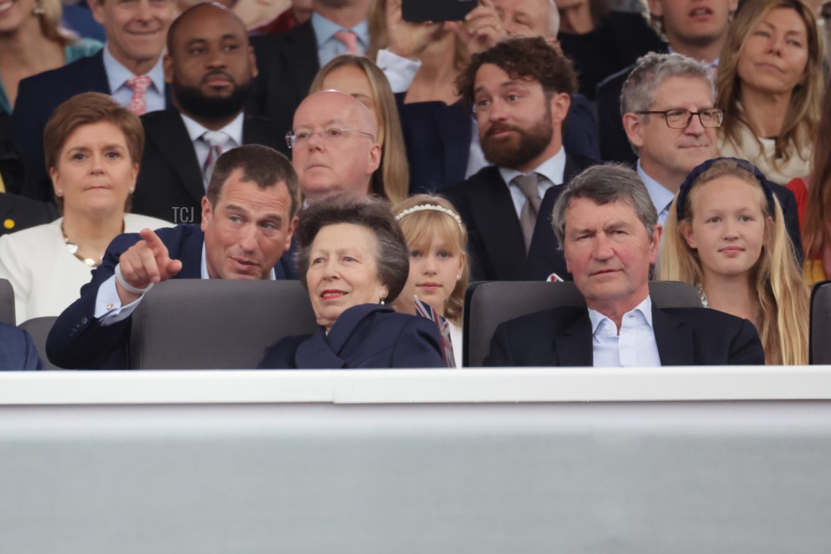 Peter Phillips, Princess Anne, Princess Royal, Isla Phillips, Timothy Laurence and Savannah Phillips during the Platinum Party at the Palace in front of Buckingham Palace on June 04, 2022 in London, England