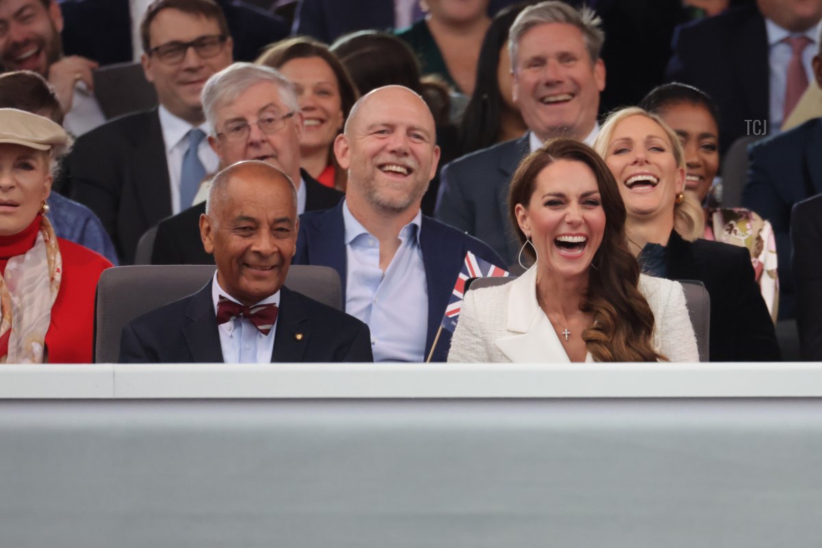 Lord-Lieutenant of Greater London Ken Olisa, Mike Tindall, Catherine, Duchess of Cambridge and Zara Tindall during the Platinum Party at the Palace in front of Buckingham Palace on June 04, 2022 in London, England