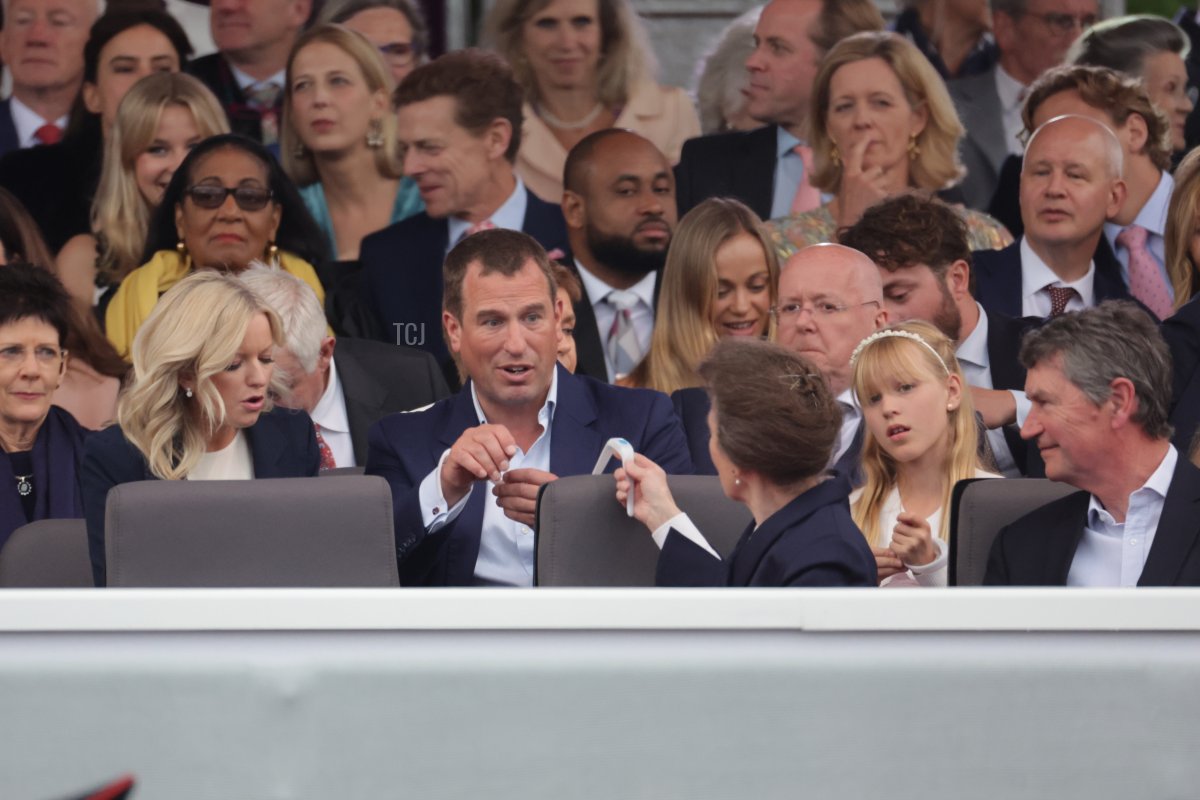 Lindsay Wallace, Peter Phillips, Princess Anne, Princess Royal, Isla Phillips and Timothy Laurence during the Platinum Party at the Palace in front of Buckingham Palace on June 04, 2022 in London, England