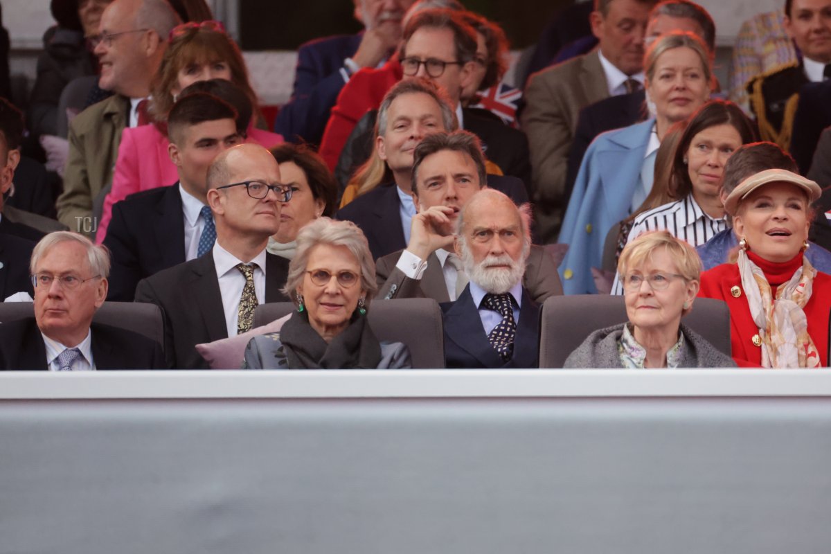 Prince Richard, Duke of Gloucester, Lord Nicholas Windsor, Birgitte, Duchess of Gloucester, Prince Michael of Kent, Princess Michael of Kent, Julia Olisa and Lord-Lieutenant of Greater London Ken Olisa during the Platinum Party at the Palace in front of Buckingham Palace on June 04, 2022 in London, England