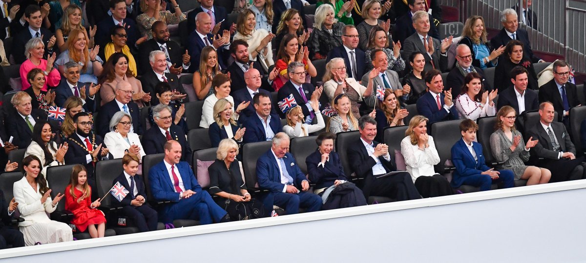 Britain's Catherine, Duchess of Cambridge, Britain's Princess Charlotte of Cambridge, Britain's Prince George of Cambridge, Britain's Prince William, Duke of Cambridge,, Britain's Camilla, Duchess of Cornwall, Britain's Prince Charles, Prince of Wales, Britain's Princess Anne, Princess Royal,, Vice Admiral Timothy Laurence, Britain's Sophie, Countess of Wessex, Britain's James Mountbatten-Windsor, Britain's Lady Louise Windsor and Britain's Prince Edward, Earl of Wessex, attend during the Platinum Party at Buckingham Palace on June 4, 2022 as part of Queen Elizabeth II's platinum jubilee celebrations