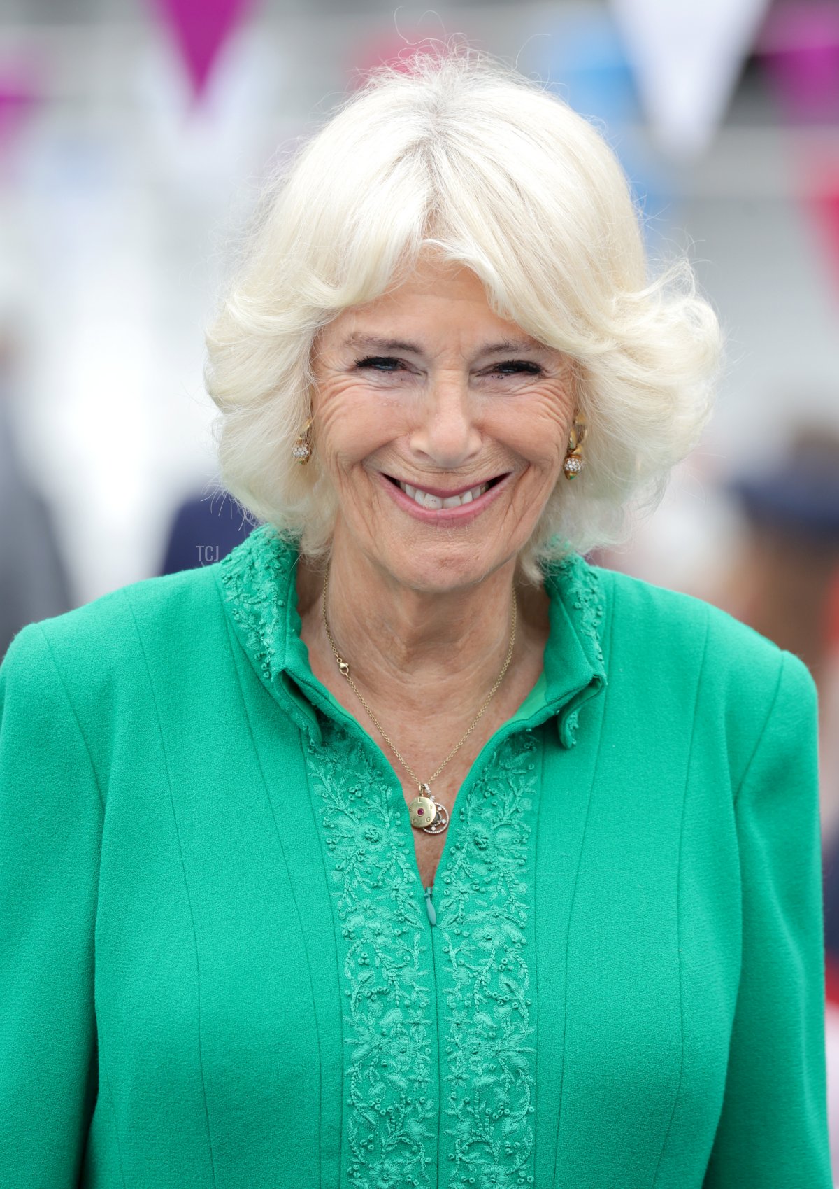 Camilla, Duchess of Cornwall smiles as she attends the Big Jubilee Lunch with Prince Charles, Prince of Wales at The Oval on June 5, 2022 in London, England