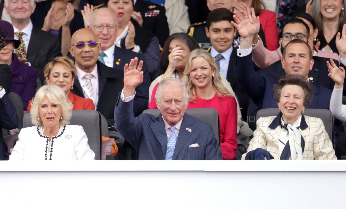 Saadiya Khan, Lindsay Wallace, Peter Phillips, (front row) Camilla, Duchess of Cornwall, Prince Charles, Prince of Wales, and Princess Anne, Princess Royal attend the Platinum Pageant on June 05, 2022 in London, England