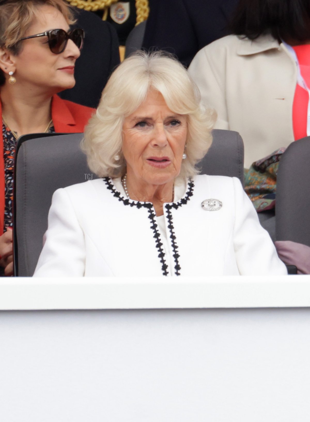 Saadiya Khan, Lindsay Wallace, Peter Phillips, (front row) Camilla, Duchess of Cornwall, Prince Charles, Prince of Wales, and Princess Anne, Princess Royal attend the Platinum Pageant on June 05, 2022 in London, England