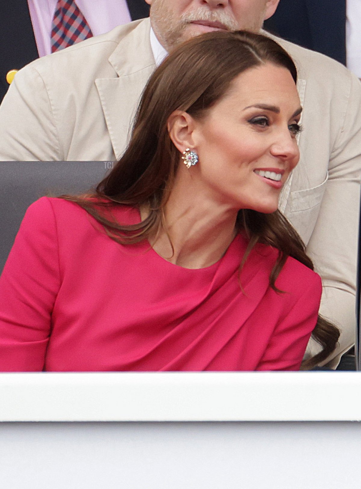 Mike Tindall, Victoria Starmer, Mia Tindall, (front row) Catherine, Duchess of Cambridge, and Prince Louis of Cambridge wait ahead of the Platinum Pageant on June 05, 2022 in London, England