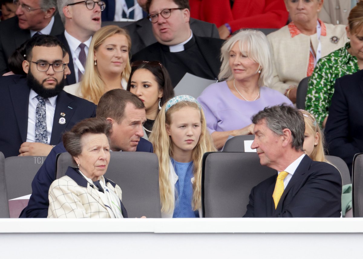 Peter Phillips, Savannah Phillips, Princess Anne, Princess Royal, and Timothy Laurence during the Platinum Pageant on June 05, 2022 in London, England