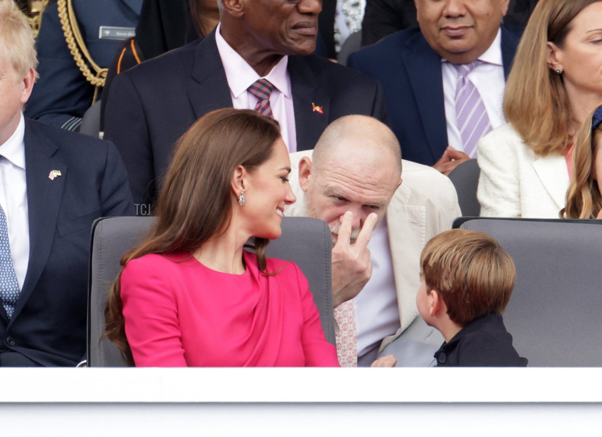 Catherine, Duchess of Cambridge, Mike Tindall and Prince Louis of Cambridge speak ahead the Platinum Pageant on June 05, 2022 in London, England