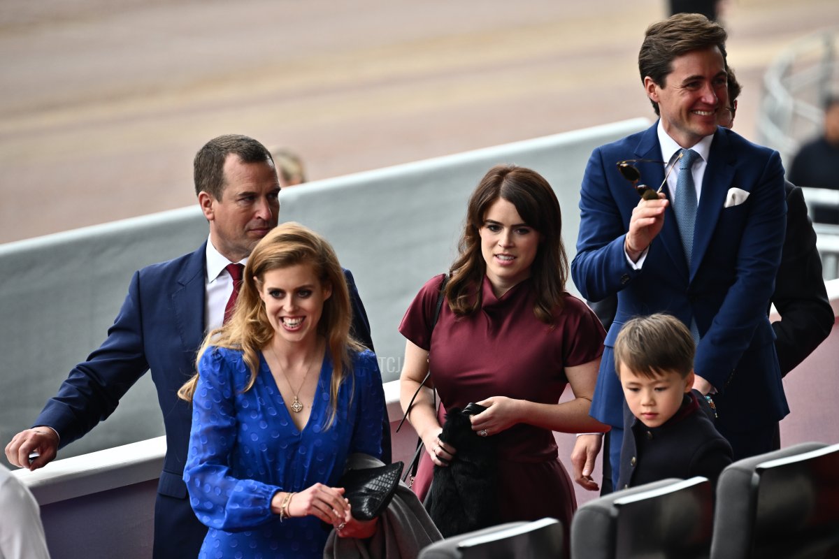 Princess Beatrice of York, Princess Eugenie of York and Edoardo Mapelli Mozzi arrive to attend the Platinum Pageant on June 05, 2022 in London, England