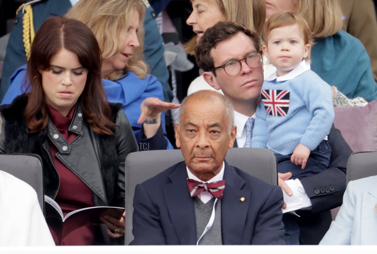 Princess Eugenie of York, Jack Brooksbank, August Brooksbank and Lord-Lieutenant of Greater London Ken Olisa during the Platinum Pageant on June 05, 2022 in London, England