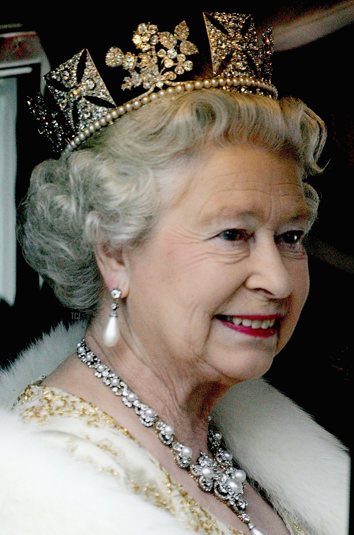 Queen Elizabeth II looks out of the window of her carriage as ahe arrives for the state opening of Parliament November 23, 2004 in London
