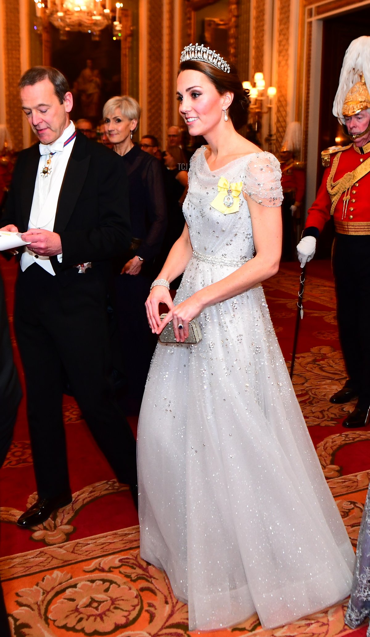 Catherine, Duchess of Cambridge greets guests at an evening reception for members of the Diplomatic Corps at Buckingham Palace on December 04, 2018 in London, England