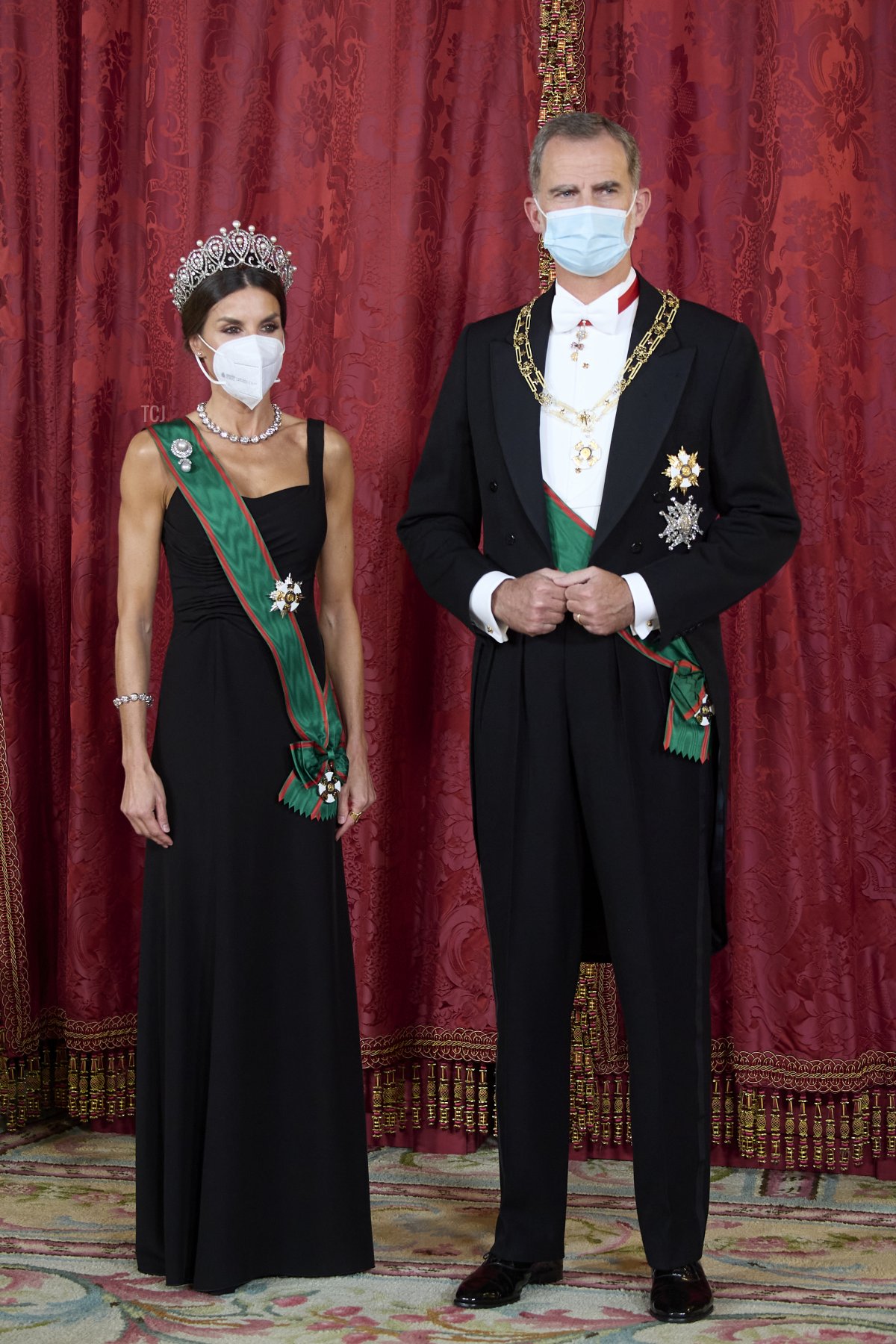 King Felipe VI of Spain and Queen Letizia of Spain receive Italian President Sergio Mattarella and Laura Mattarella for a Gala Dinner honoring Italian President Sergio Mattarella at the Royal Palace on November 16, 2021 in Madrid, Spain
