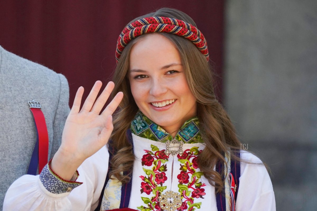 Princess Ingrid Alexandra greetS from the residence Skaugum in Asker, Norway on May 17, 2022, as they attend festivities to celebrate Norway's National Day