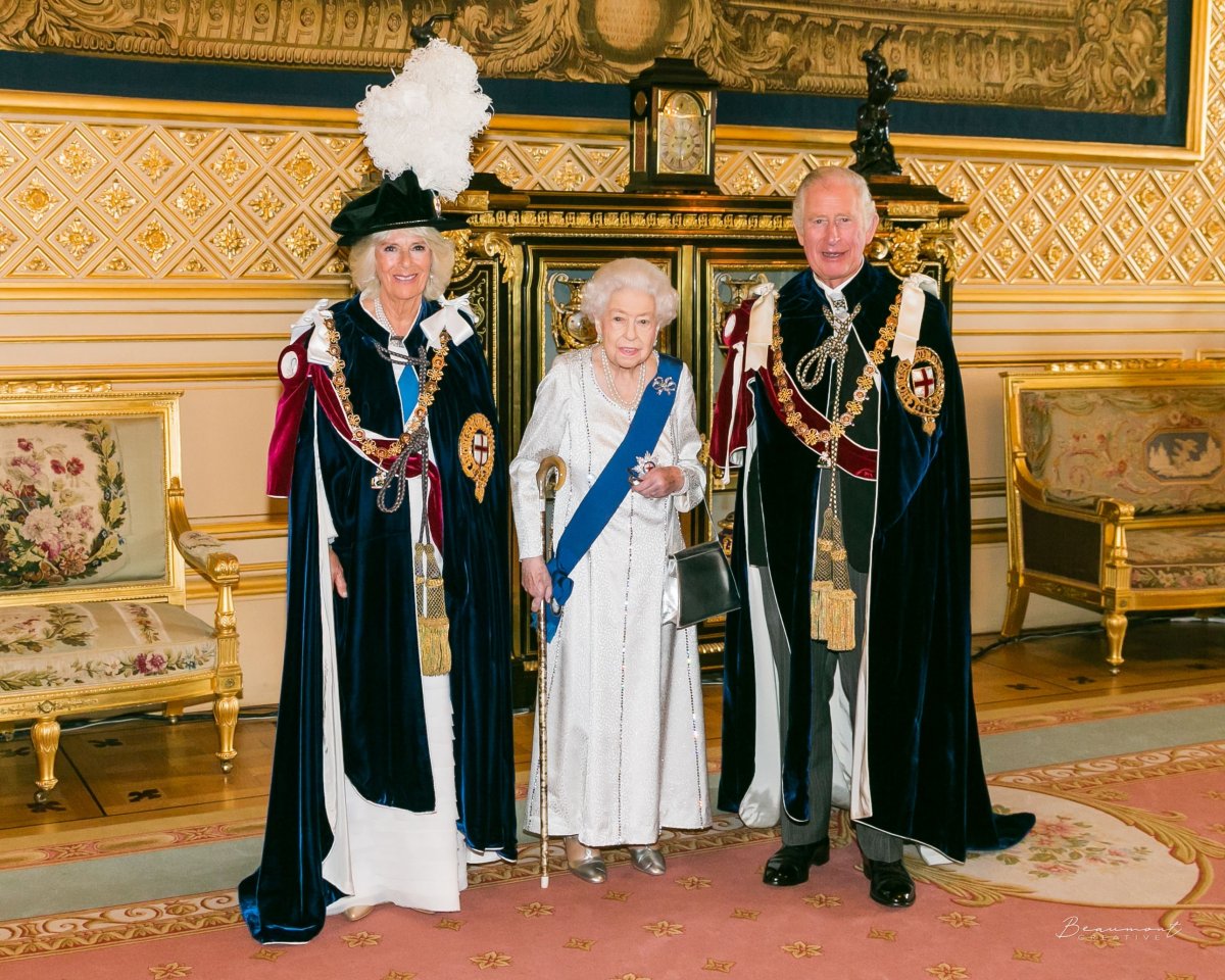 The Duchess of Cornwall, the Queen, and the Prince of Wales on Garter Day 2022
