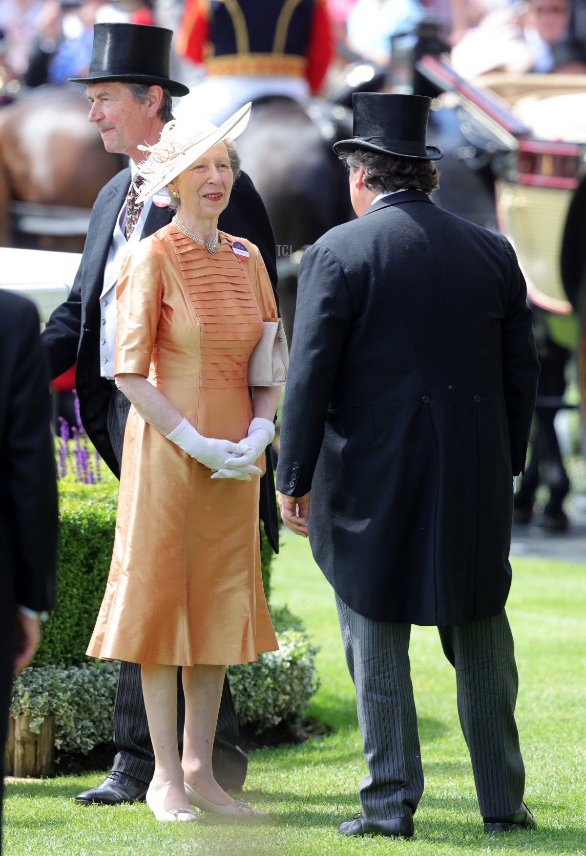 Princess Anne, Princess Royal speaks with Sir Francis Brooke as they arrive in the parade ring during Royal Ascot 2022 at Ascot Racecourse on June 16, 2022 in Ascot, England