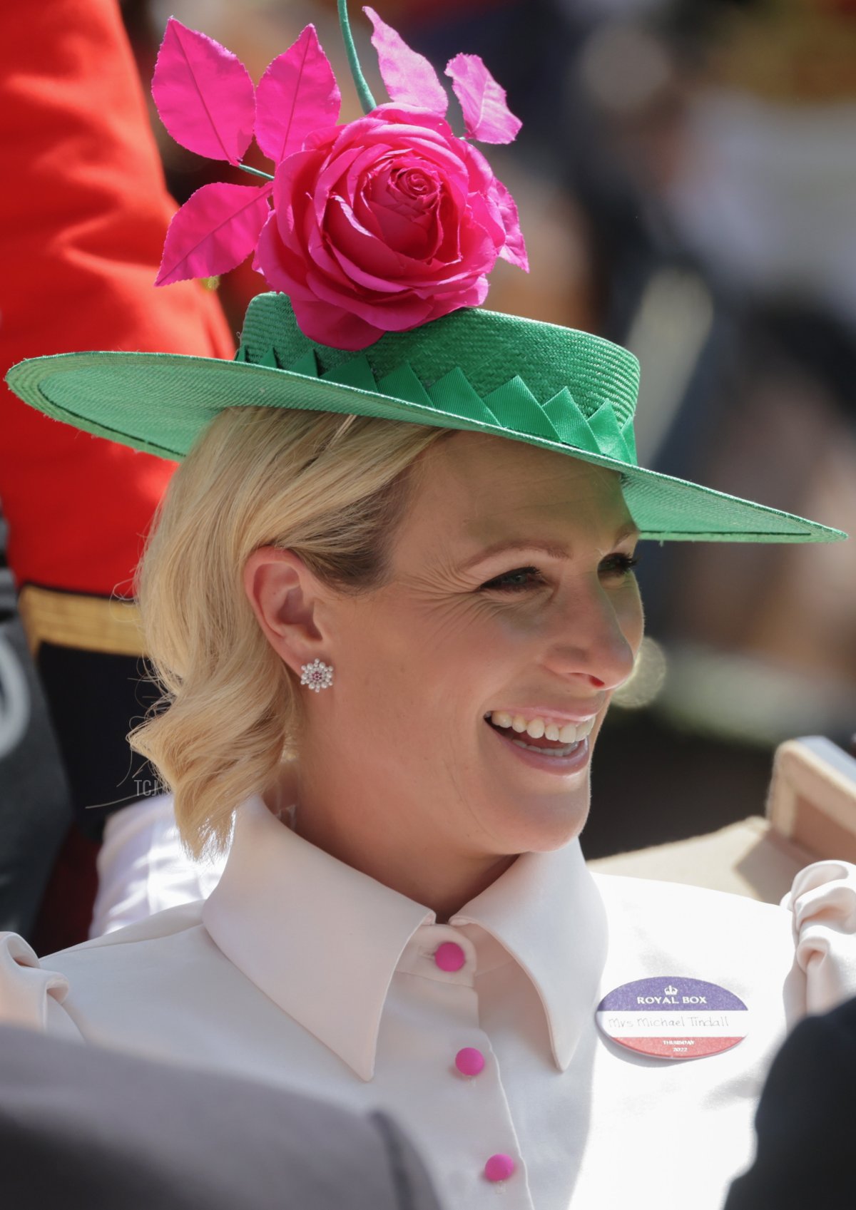 Zara Phillips laughs as she arrives into the parade ring on the royal carriage during Royal Ascot 2022 at Ascot Racecourse on June 16, 2022 in Ascot, England