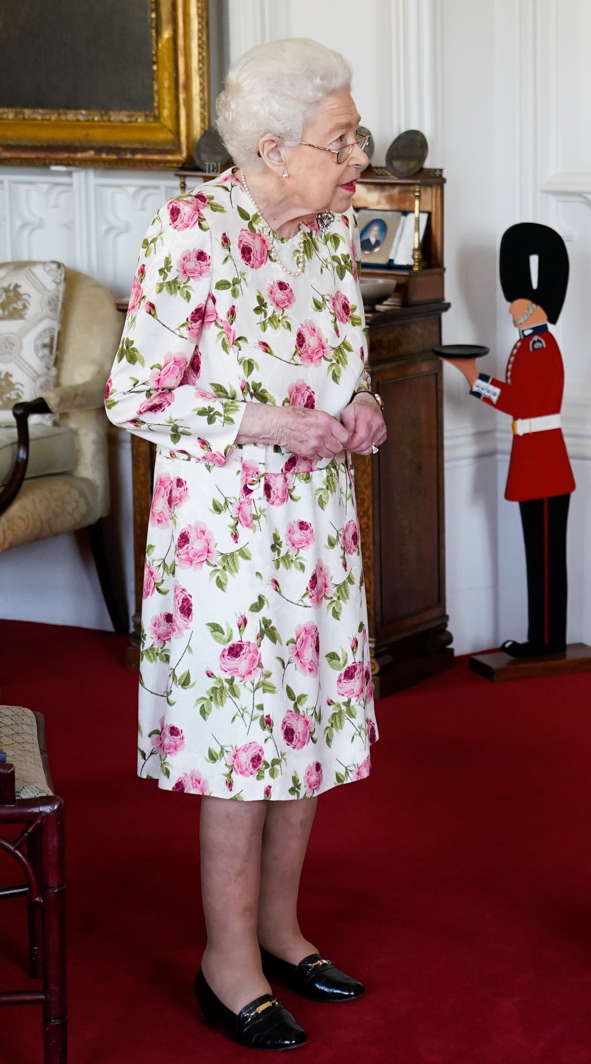 Queen Elizabeth II receives the Archbishop of Canterbury Justin Welby at Windsor Castle, where he presented her with a special 'Canterbury Cross' for her 'unstinting' service to the Church of England over seventy years and a citation for the Cross, which was presented as a framed piece of calligraphy on June 21, 2022 in Windsor, England