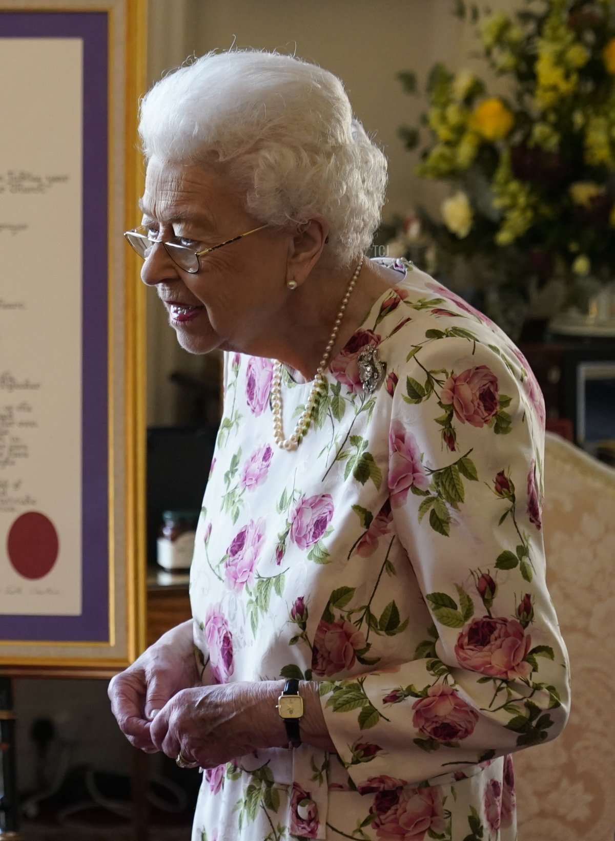 Queen Elizabeth II receives the Archbishop of Canterbury Justin Welby at Windsor Castle, where he presented her with a special 'Canterbury Cross' for her 'unstinting' service to the Church of England over seventy years and a citation for the Cross, which was presented as a framed piece of calligraphy on June 21, 2022 in Windsor, England