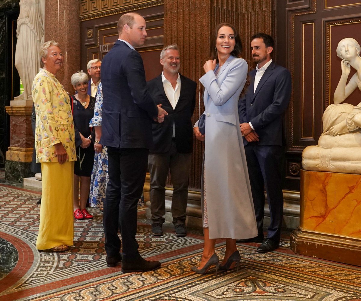 Prince William, Duke of Cambridge and Catherine, Duchess of Cambridge visit Fitzwilliam Museum Cambridge where the Royal couple viewed a portrait of of themselves painted by artist Jamie Coreth during an official visit to Cambridgeshire on June 23, 2022 in Cambridge, England