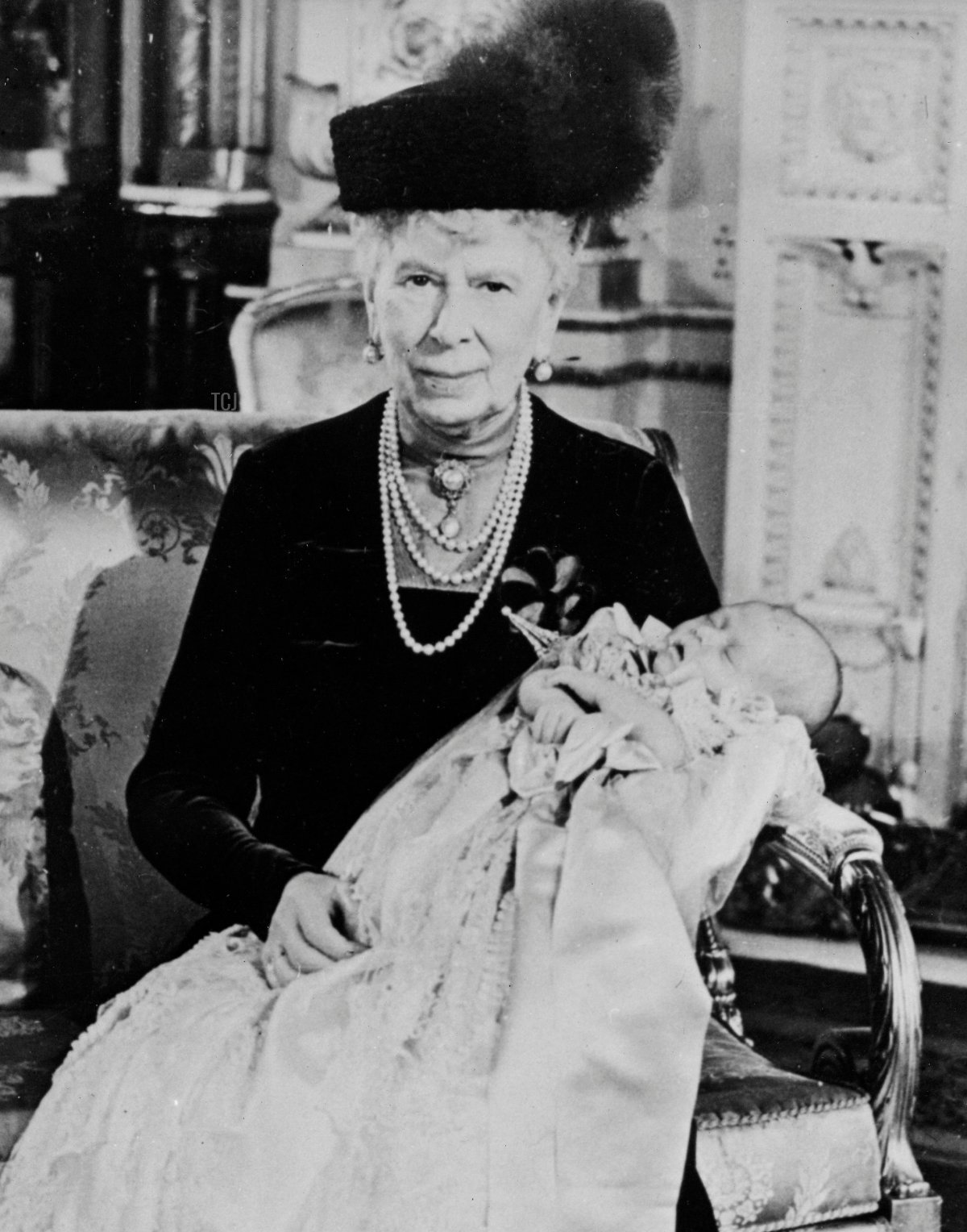 Queen Mary with Prince Charles at his christening, 1948
