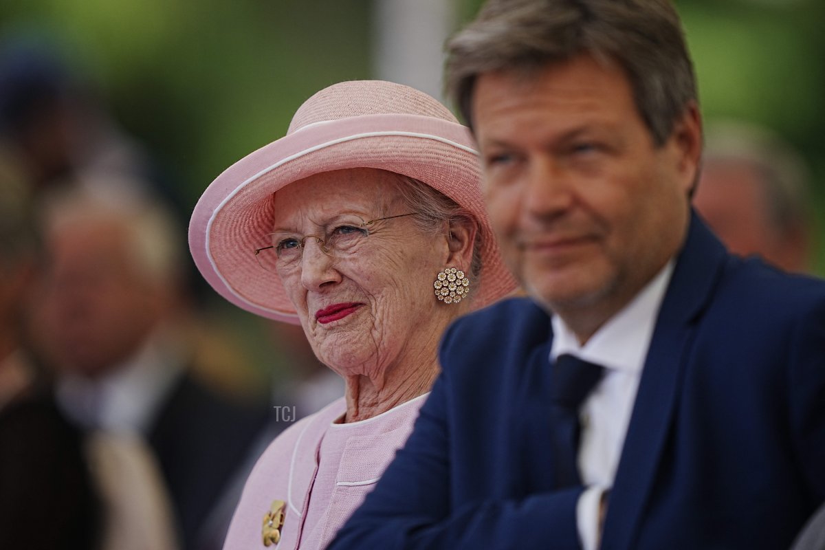 Queen Margrethe II of Denmark (L) and German Minister of Economics and Climate Protection Robert Habeck attend the inauguration of the new Danish refugee museum FLUGT (escape) in Oksboel, Denmark, on June 25, 2022