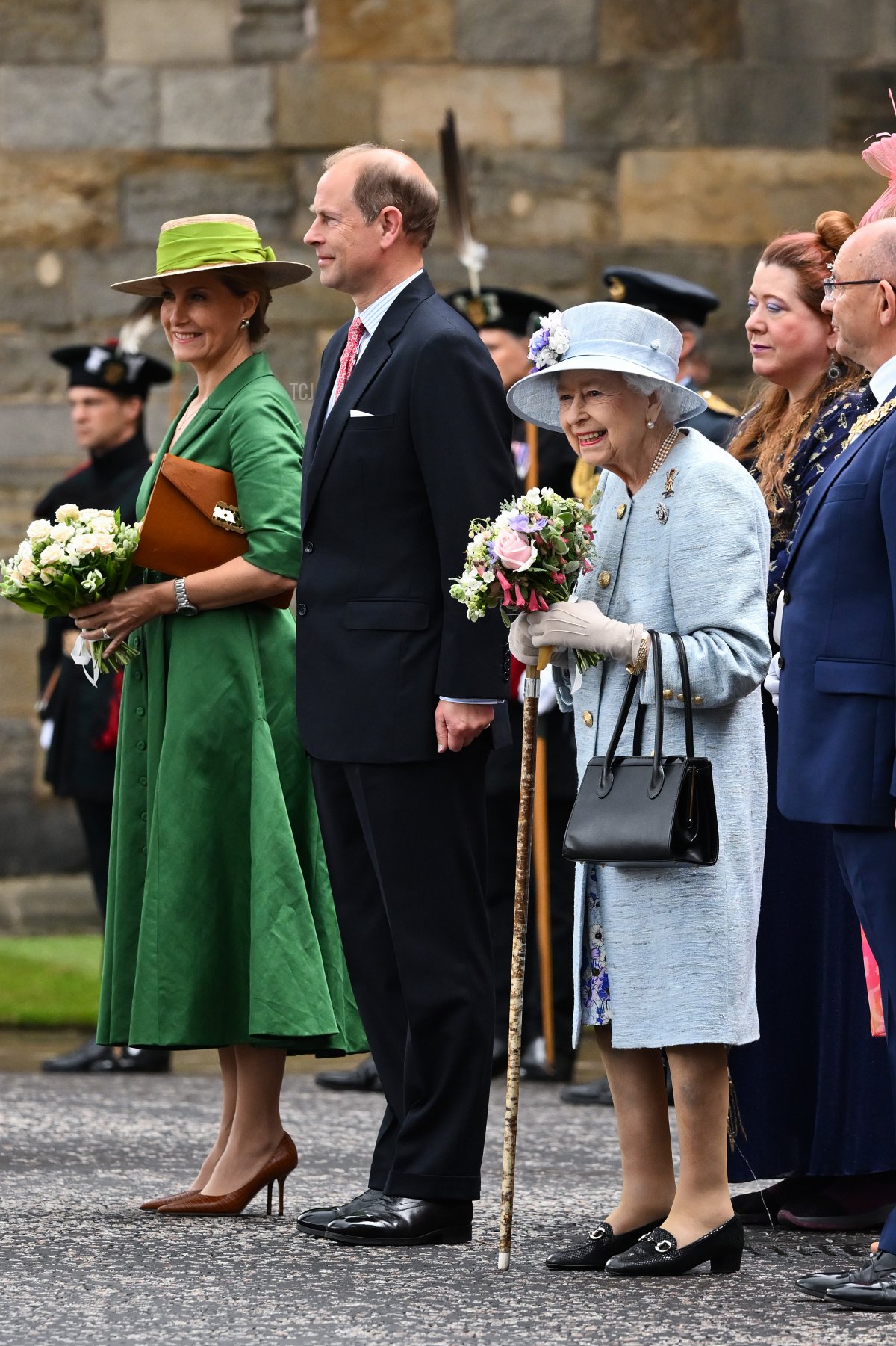 Sophie, Countess of Wessex, Prince Edward and Queen Elizabeth II during the traditional Ceremony of the Keys at Holyroodhouse on June 27, 2022 in Edinburgh, Scotland