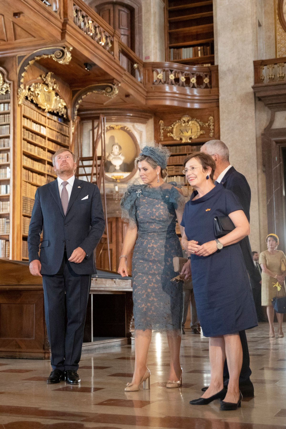 King Willem-Alexander of the Netherlands, Queen Maxima of the Netherlands, wife of the Austrian President Doris Schmidauer and Austrian President Alexander Van der Bellen react during their visit of the National Library in Vienna, Austria on June 28, 2022